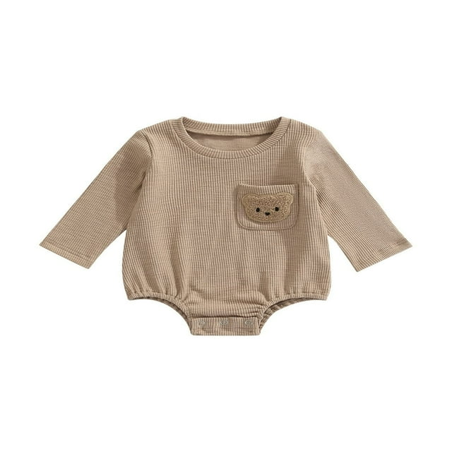 Barboteuse d'Automne pour Bébés Filles Garçons, Col Brodé d'Ours, Manches Courtes, Combinaison à Boutons-Pression