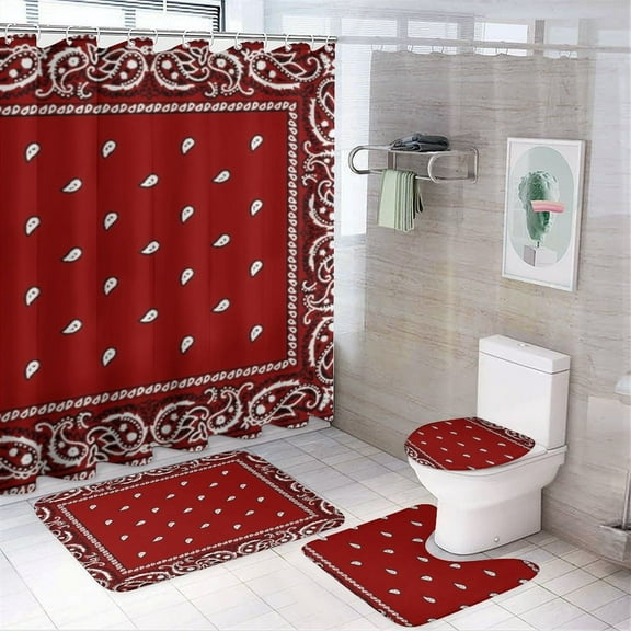 Bandana Pattern Shower Curtain Bathroom Sets Toilet Lid Rug, Bath Mat And Contour Mat, Shower Curtain 4Pcs