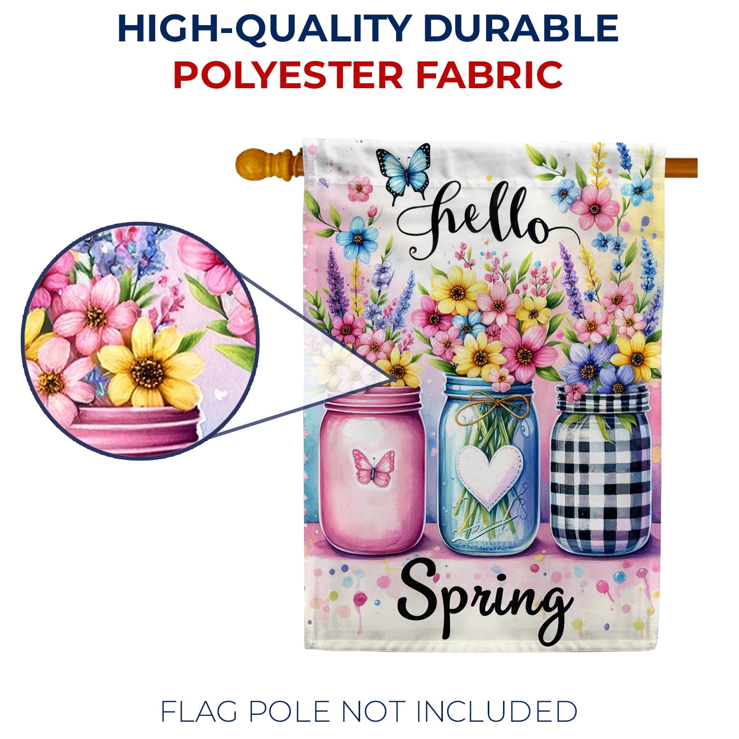 America Forever Spring Floral Mason Jar House Flag, 28x40 inch Double Sided, Butterfly Flower Hello Spring Yard Decoration, Seasonal Holiday Decorations for Outside