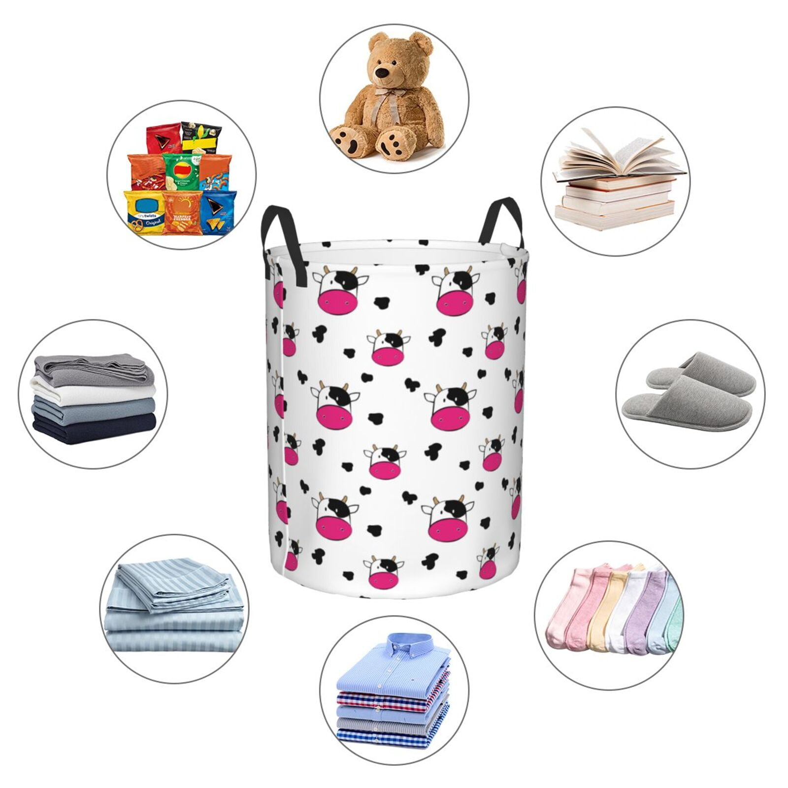 Large Laundry Basket with Handles - Cartoon Cute Cow Print Kids Baby Dirty Clothes Laundry Hamper for Bedroom Aesthetic