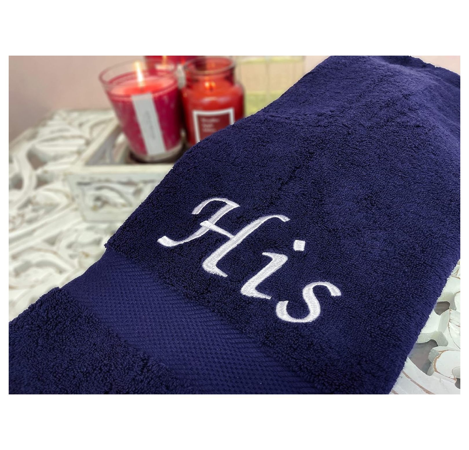 His & Hers Embroidered Cotton Bath Towels. Bath Towels Set Includes: 1 His Bath Towel and 1 Hers Bath Towel. (Dark Blue)