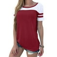 thumbnail image 3 of Camiseta de mujer Blusa de cuello redondo de manga corta con bloque de color a rayas, rojo vino, S Monstrate AP001633-06, 3 of 6