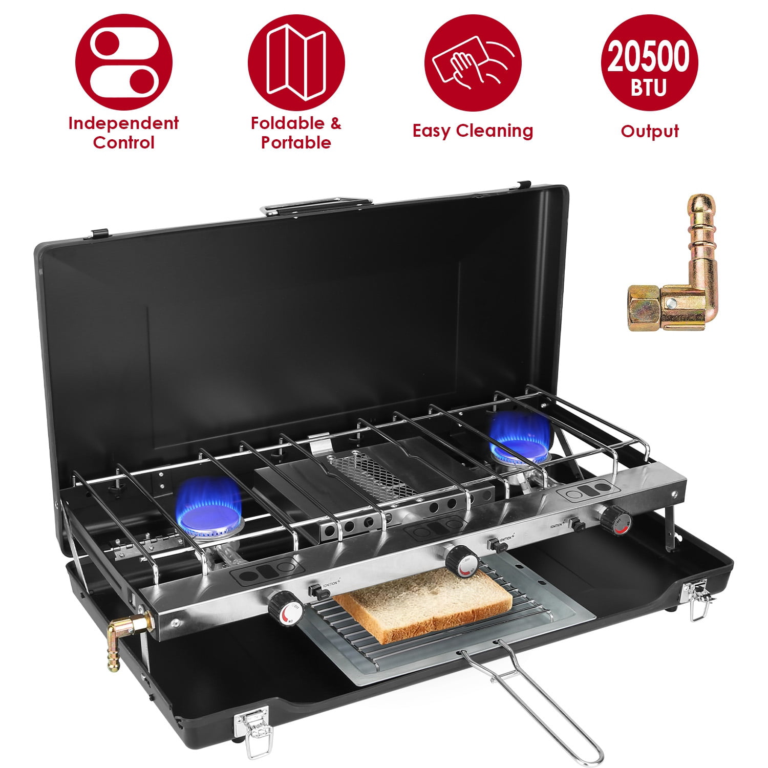 3-Burner Propane Camping Stove 20000 BTUs, Portable Camp Stove with 3 Adjustable Burners and Push-Button Instant Ignition, Portable Camping Grill, Built-in Carrying Handle