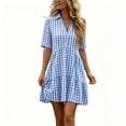 thumbnail image 2 of ClodeEU Women's Collared V Neck Short Sleeve Plaid Shirt Dress,Casual Button Cute Mini Dress Light Blue-Plaid,Women's Plus XXXL, 2 of 7