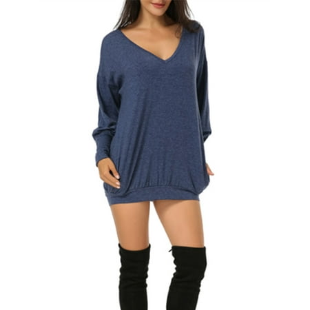 - Womens Sexy V Neck Long Sleeve Solid Mini Dresses Casual Blouse
