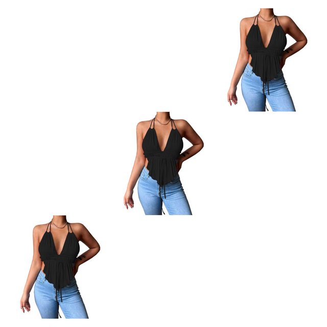 Minnieouse Chaleco con cuello en V profundo Camisola de color sólido Sin espalda Adolescentes Crop Top Verano Playa Fiesta de vacaciones Ropa de Negro L 3Conjunto