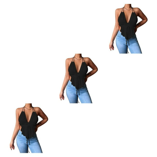 Guardurnaity Chaleco con cuello en V profundo Camisola de color sólido Top corto sin espalda estético Verano Playa Vacaciones Luna de miel Ropa Negro M Negro M 3piezas Guardurnaity CBP228719