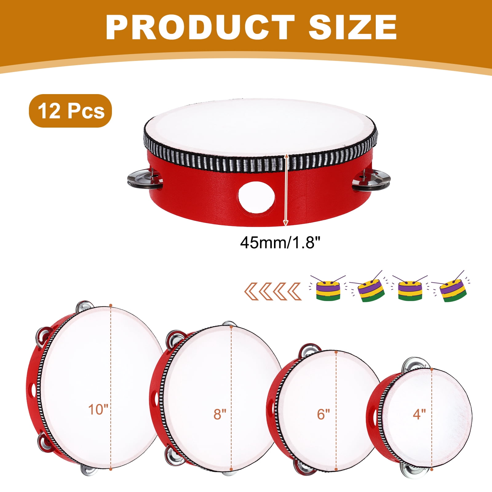 Uxcell 12 Pcs Tambourine Drum 4 Inch Wood Hand Held Tambourine Single Row Metal Jingle Percussion Musical Drum Instrument for Adults Church Wedding Party Games, Red