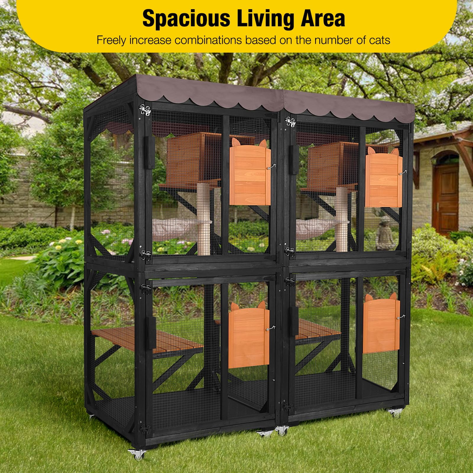 Aivituvin Catio Outdoor Cat Enclosure with Wheels, Resting Box, Cat Scratching Post, Jumping Platform, Outdoor Cat House for Cats, Brown
