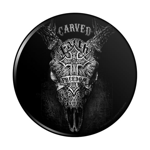 Carved Faith Freedom Religion Steer Skull Pinback Button Pin