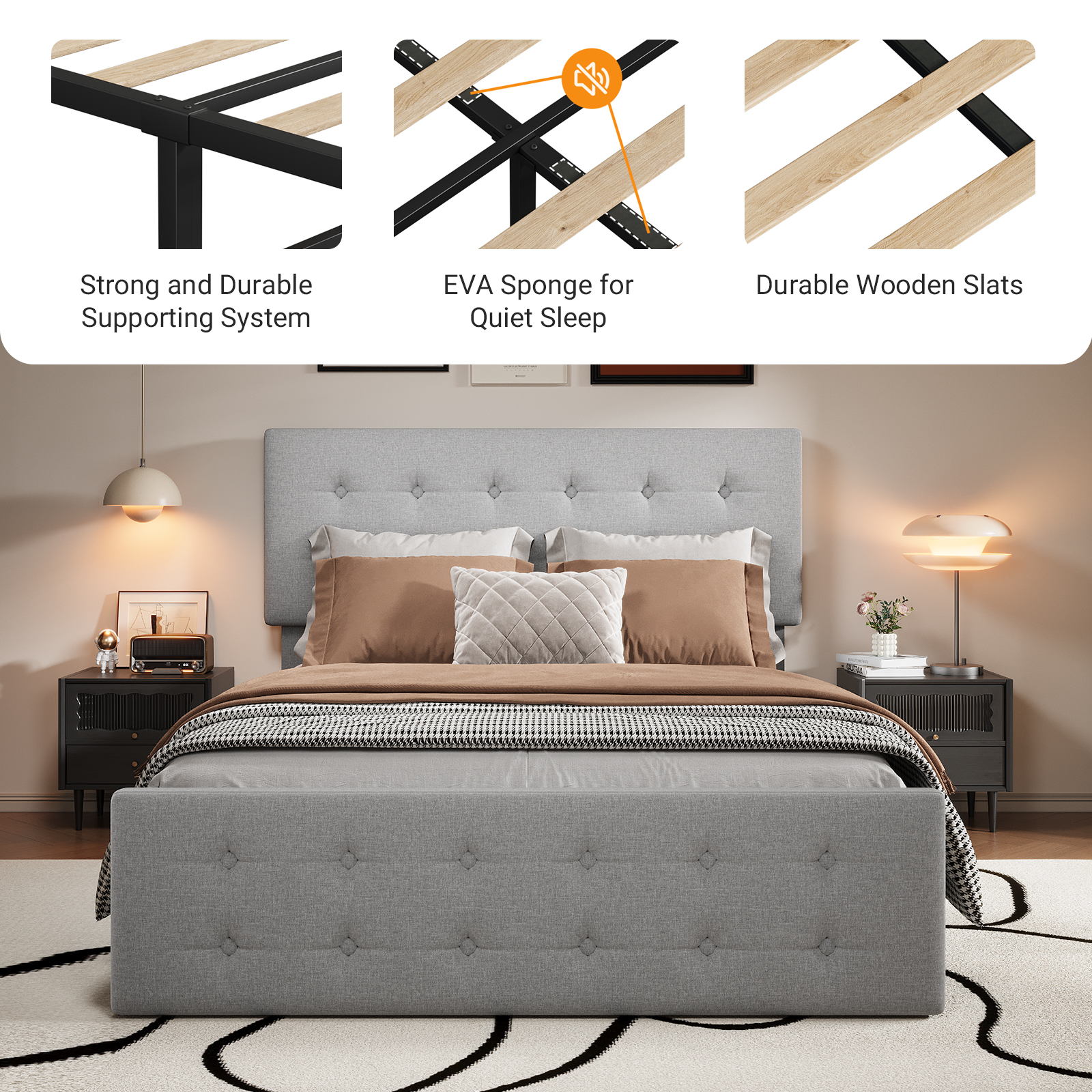 Full/Queen/King Size Upholstered Platform Bed Frame - Adjustable Headboard & 4 Storage Drawers, Button Tufted Design, No Box Spring Needed