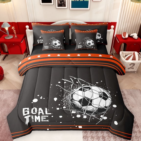 Feelyou Cartoon Football Soccer Bedding Comforter Set 7 Pieces, Brown Orange Stars Lines Full Bedding Set, Teens Kids Boys Girls Reversible Fitted Sheet Flat Sheet, Lightweight Room Decor