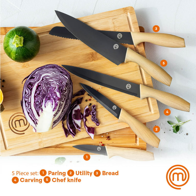 MasterChef 15 Piece Knife & Board Set, 6 Knives with Sleeves and 3