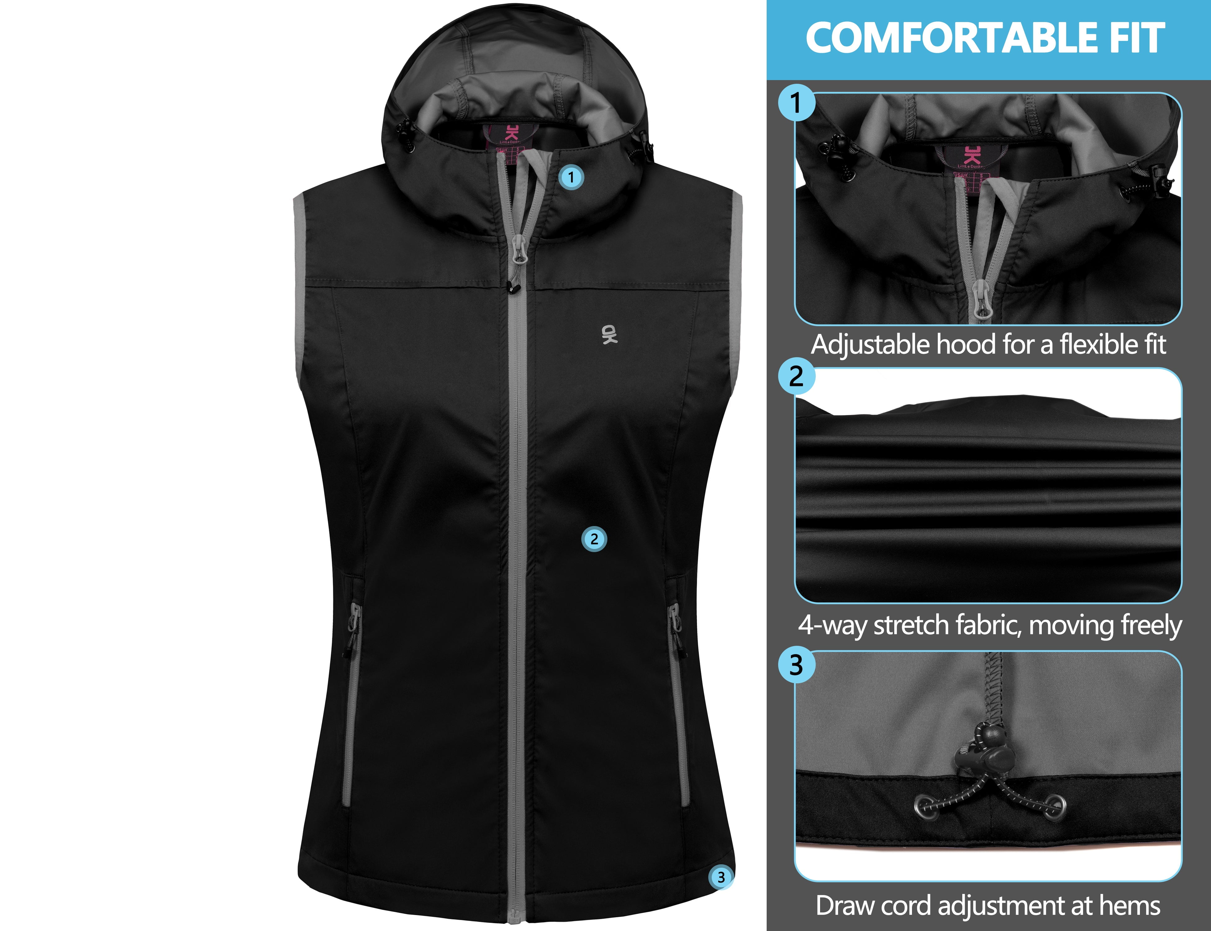 Little Donkey Andy Women's Lightweight Softshell Vest, Hooded Windproof Sleeveless Jacket for Golf Travel Hiking Running Black XXL