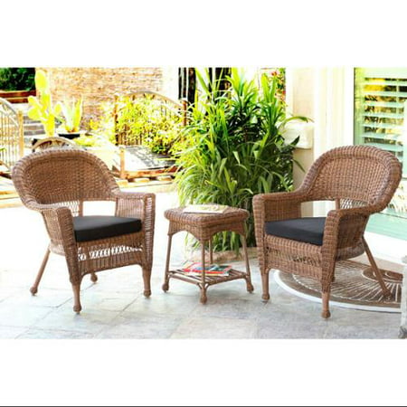 3-Piece Honey Wicker Patio Chairs and End Table Furniture Set - Black Cushions