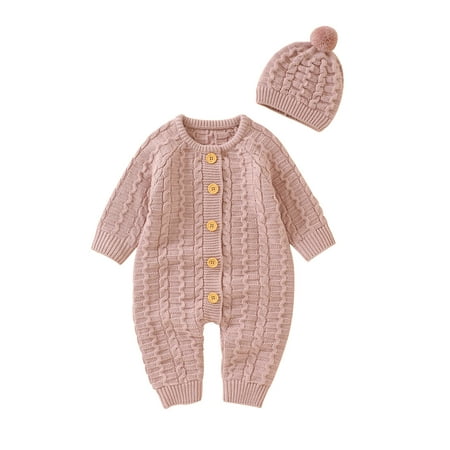 

Beixinder Baby Knit Jumpsuit Set Long Sleeve Crew Neck Button Closure Solid Romper with Hat