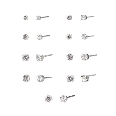 Time and Tru Adult Women's 9 Pair Silver Tone Crystal Stud Metal Earrings Set