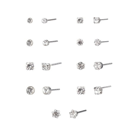 Time and Tru Adult Women's 9 Pair Silver Tone Crystal Stud Metal Earrings Set