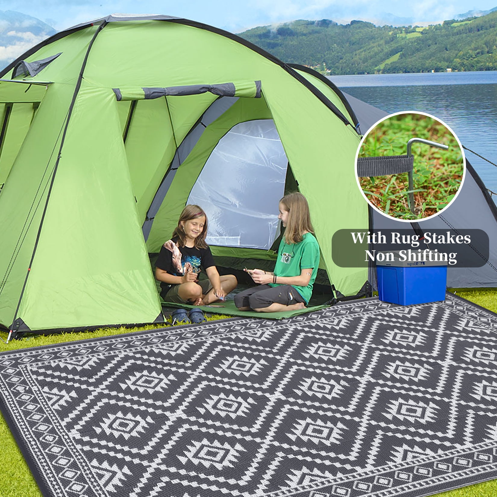 GlowSol 8x10 Outdoor Rug for Picnic Beach Deck-Outdoor Waterproof Patio Rug Indoor Outdoor Boho Geometric Area Rug Reversible Rug, Gray/White