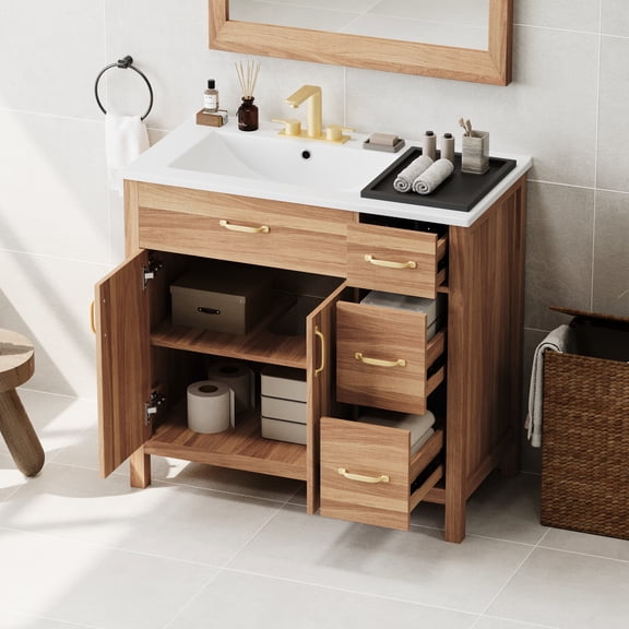 36" Bathroom Vanity With Solid Wood, 2 Soft Close Doors, 3 Drawers, Ceramic Sink, Adjustable Shelf For Compact Decoration Wood Material, Small Bath Areas