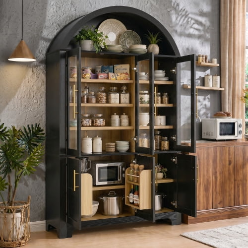 73" Tall Arched Kitchen Pantry, Farmhouse Storage Cabinet with 3 Glass Doors, Adjustable Shelves and Door Racks, Tall Cupboard for Dining Room Bathroom, Black