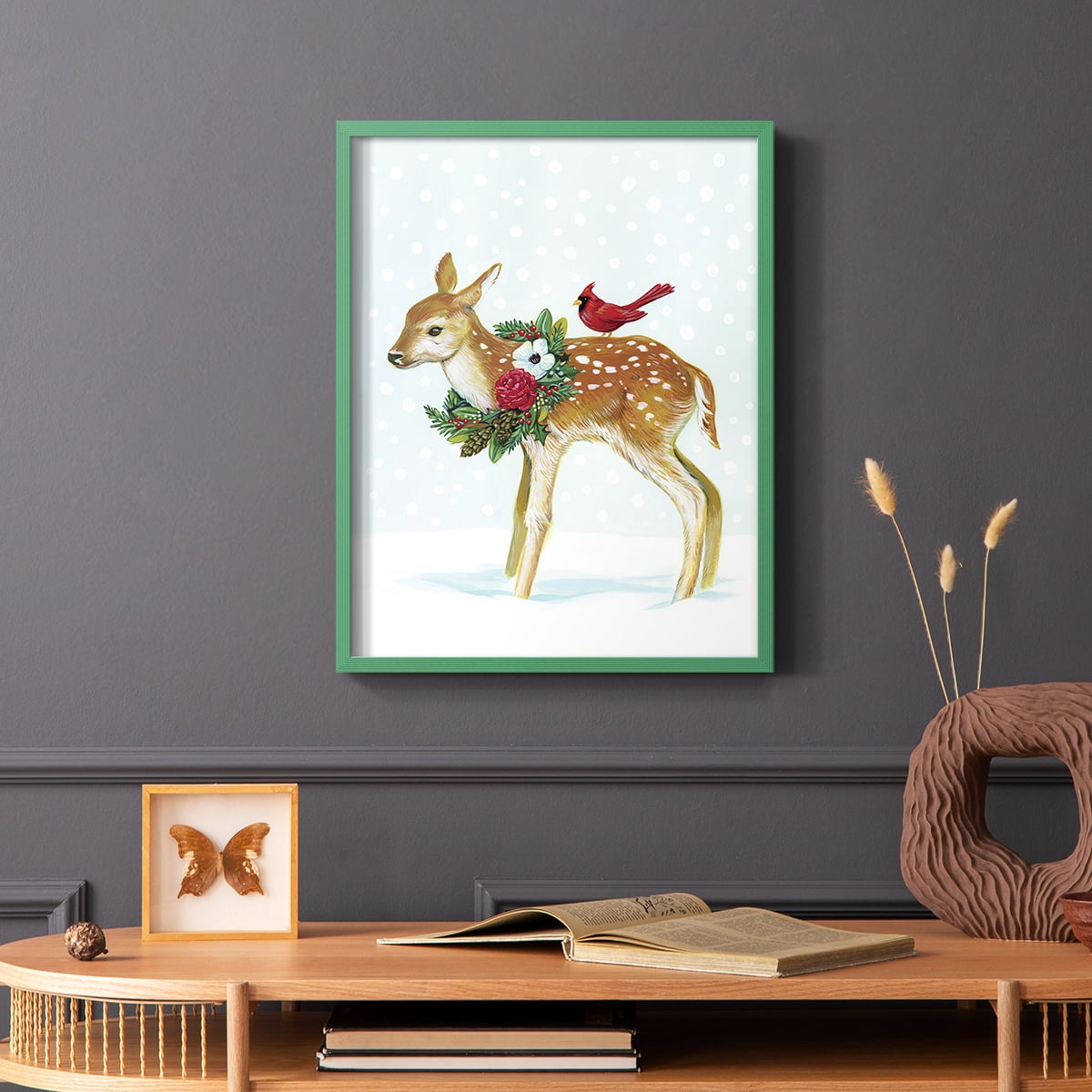Winter Woodland Creatures with Cardinals II Framed Print - Solid Wood in Single Picture Frame Solid Wood 2 Framed Print