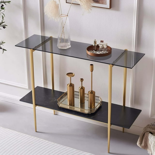 Rectangle Coffee Table Mid-Century Modern Design L W x H for Living Room - Structure Amber Glass Top and Walnut MDF Shelf Sleek Conical Metal Legs with Gold Finish