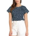 thumbnail image 5 of INSPIRE CHIC Women's Cute Leaf Print Top Blouse Round Neck Short Sleeve Work Office Shirt Dark Blue M, 5 of 6