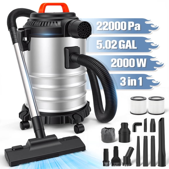 Doulami Wet Dry Vacuum,5.02 Gallon 2000W 6.5 Peak HP,3-in-1 Stainless Steel Shop Vacuum Wet and Dry,with Filter and Attachments for House Garage Workshop Car