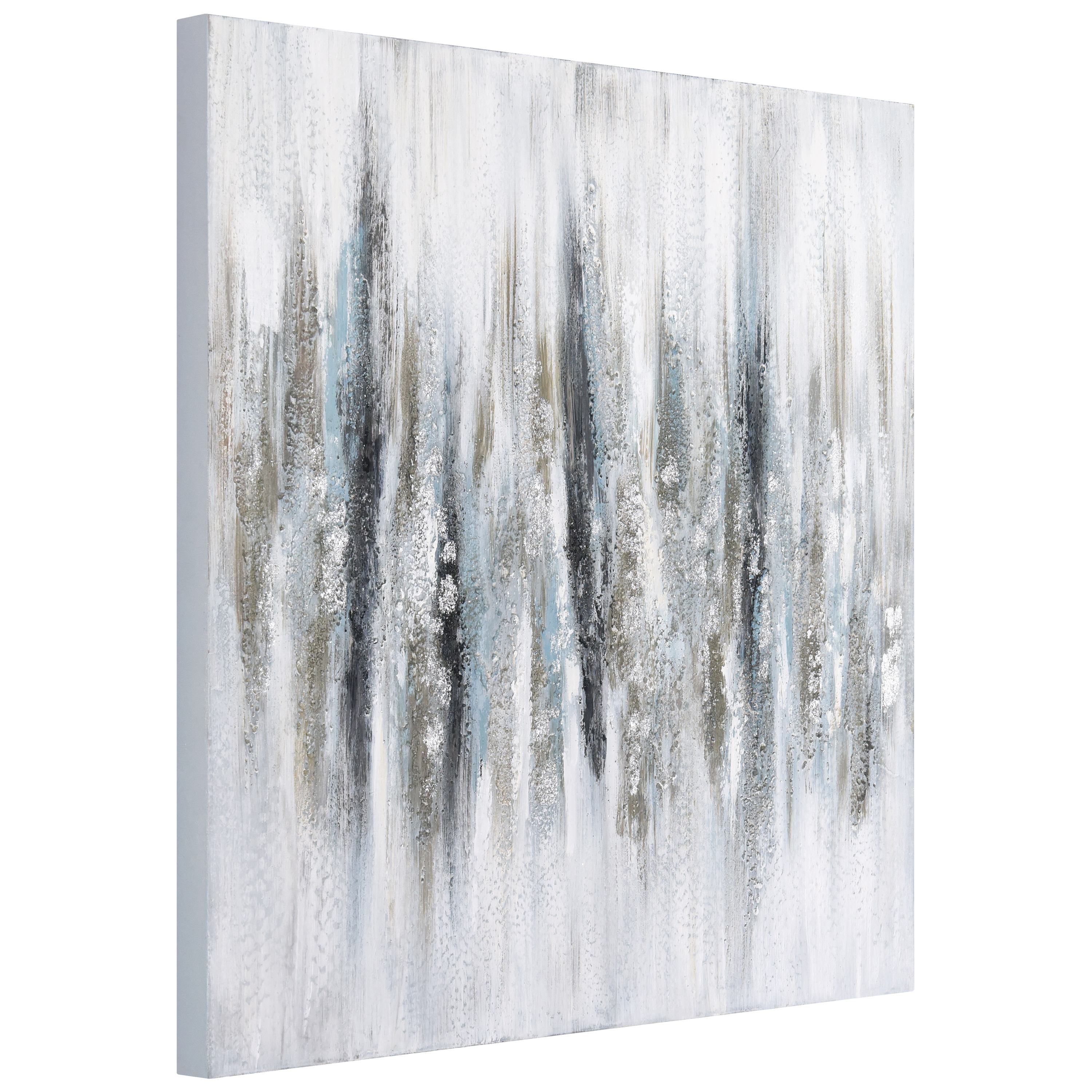 Silver Echoes Textured Hand Painted Framless Canvas Wall Art with Silver Glitter and Silver Leaf