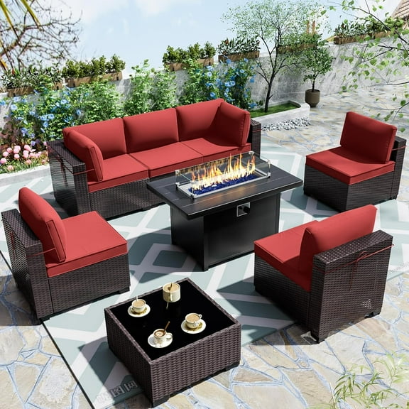 ASJMR 8 Pieces Outdoor Patio Furniture Set with Iron Fire Pit Table,Outside PE Rattan Wicker Sectional Sofa Conversation Sets with Red Cushions