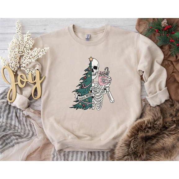 Sorta Merry Sorta Scary Christmas Crewneck, Funny Holiday Sweatshirt, Custom Spooky Skeleton Christmas Tee