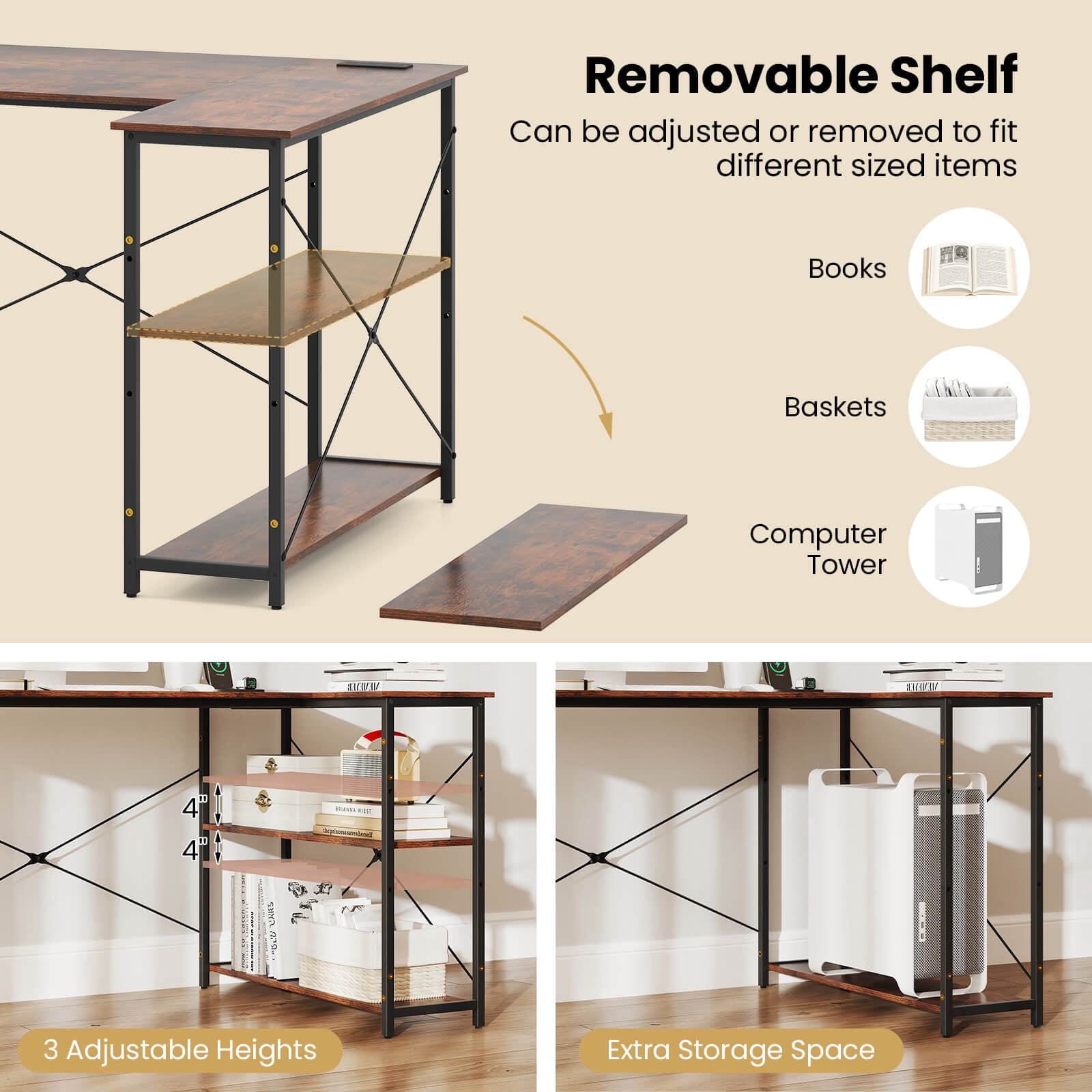 Costway L-Shaped Computer Desk with Power Outlets Adjustable shelf Heavy-Duty Metal Frame Brown
