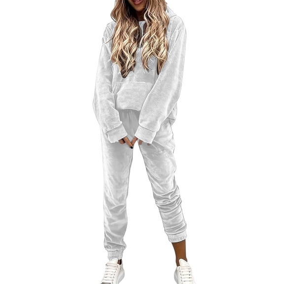 AVRNLIQ Women's Velour Tracksuit 2‑Piece Set Long Sleeve Hoodie with Kangaroo Pocket & Elastic Waist Jogger Pants Soft Velvet Loungewear Outfit for Casual Daily Wear