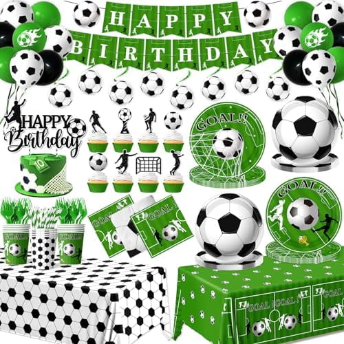 Birthday Party Decorations Soccer Party Tableware for 24 Guests with Soccer Plates and Napkins Tablecloth Balloons Cake Toppers for Soccer Sports Theme Birthday Supplies$$Home Decor, Kitchen, & Other