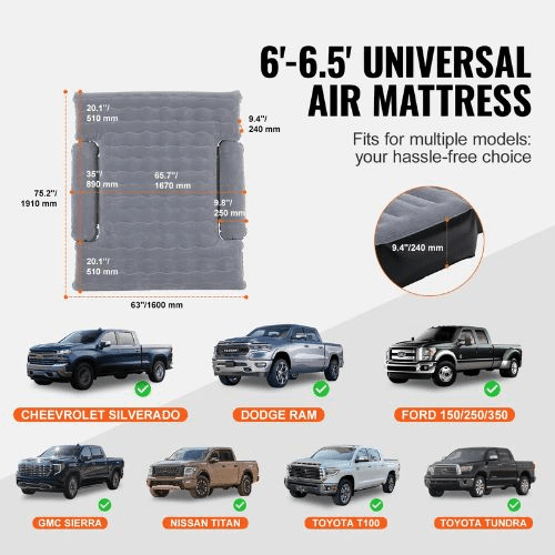 6-6.5FT Inflatable Camping Truck Bed Air Mattress with 12V Pump, 2 Pillows & Carry Bag