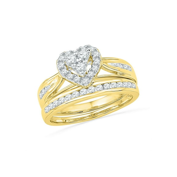 10kt Yellow Gold Round Diamond Heart Bridal Wedding Ring Band Set 1/2 Cttw