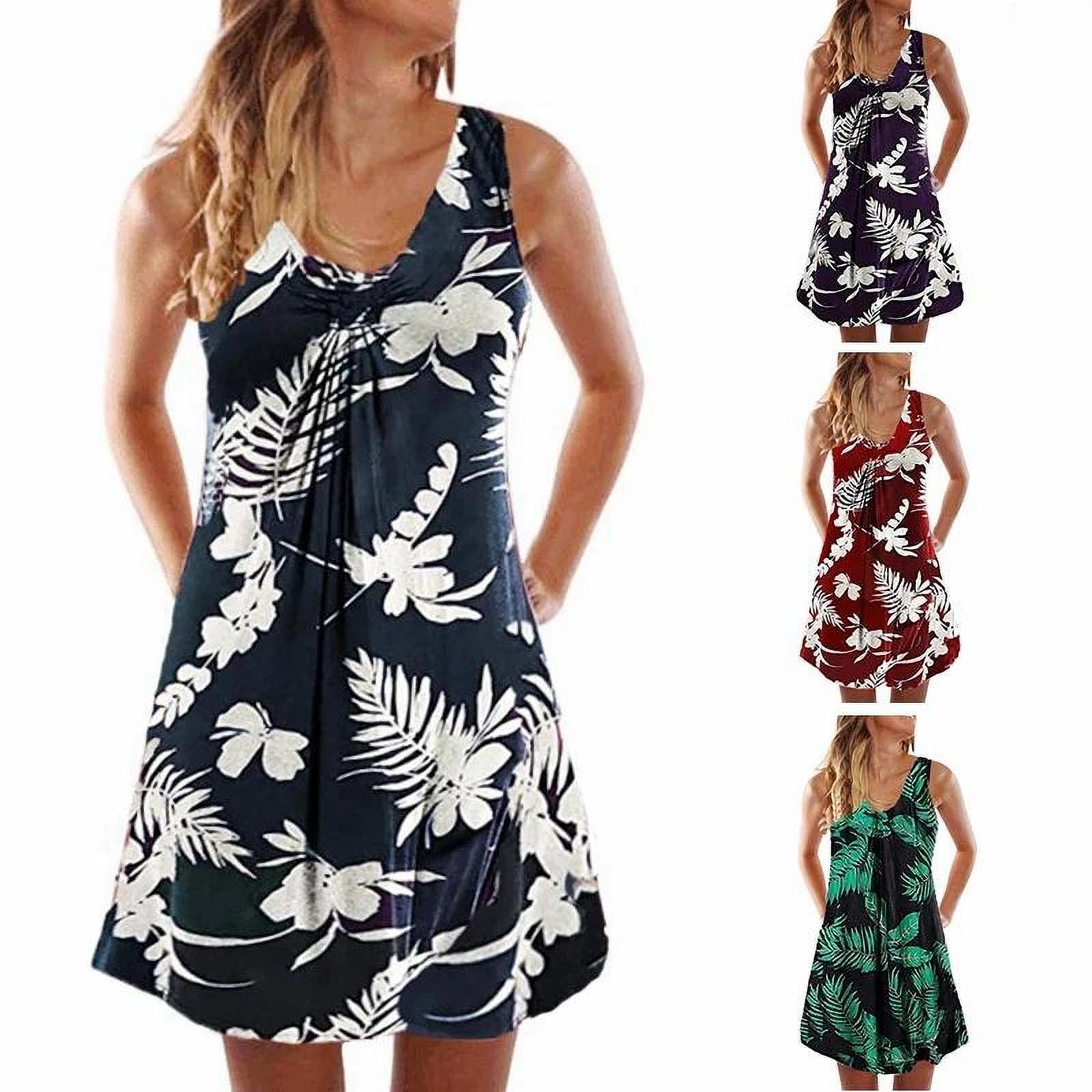 Women Summer O-Neck Print Casual Sleeveless High Waist Pleated Loose Beach Dress Vest Knee-Length Short Dress