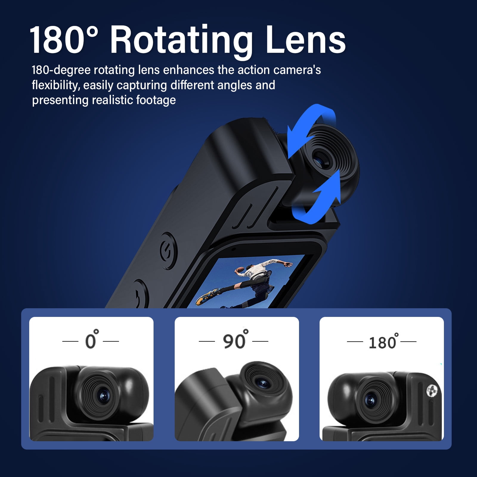 Action Camera, Mini Vlogging Camera, Body Camera Wearable Video Recorder, 180° Wide Angle Rotating Lens for Bike Cycling, Pet, Vlogging