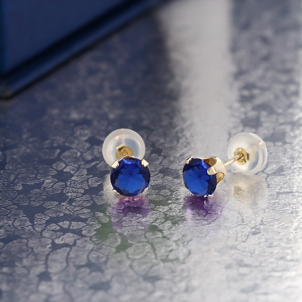 Gem Stone King 10K Yellow Gold Blue Created Sapphire Stud Earrings for Women Men (1.20 Cttw, Round 5MM)