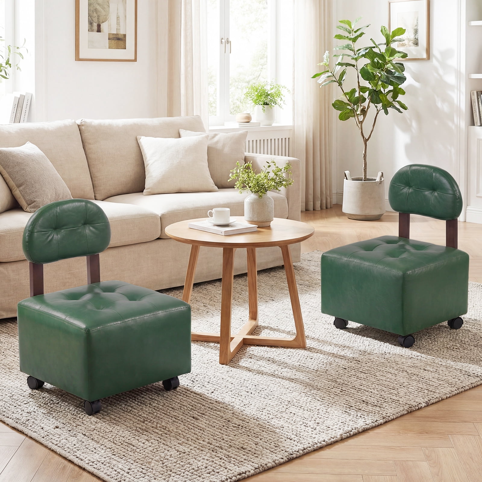 Gymax Rolling Footrest Stools Set of 2 Upholstered Square Ottoman 330 LBS Max Load