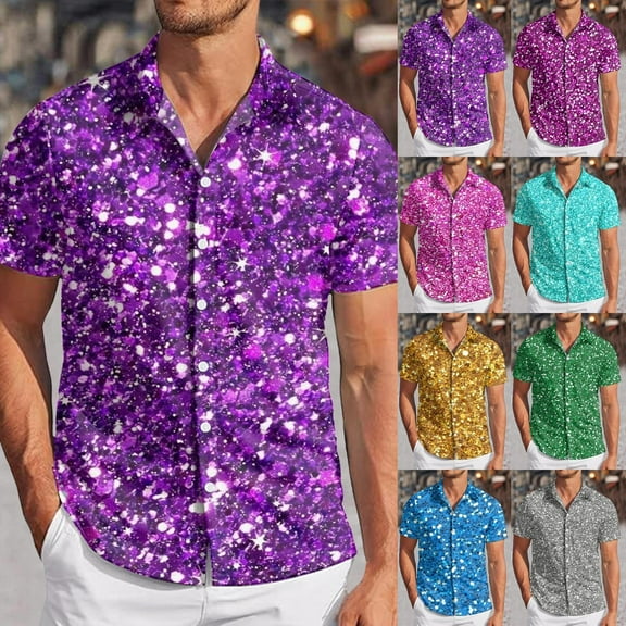 Tisuna Men's Mardi Gras Shirts Sequin Print Short Sleeve Lapel Collar Button Down Shirt Top Soft Relax Fit Gentleman Carnival Party Dance Wear Outfits Blue Size L