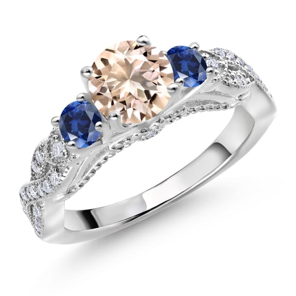 Gem Stone King 925 Sterling Silver Peach Morganite Blue Created Sapphire and White Moissanite Engagement Ring for Women (1.15 Cttw, Gemstone October Birthstone, Round 6MM and 3MM, Size 5)