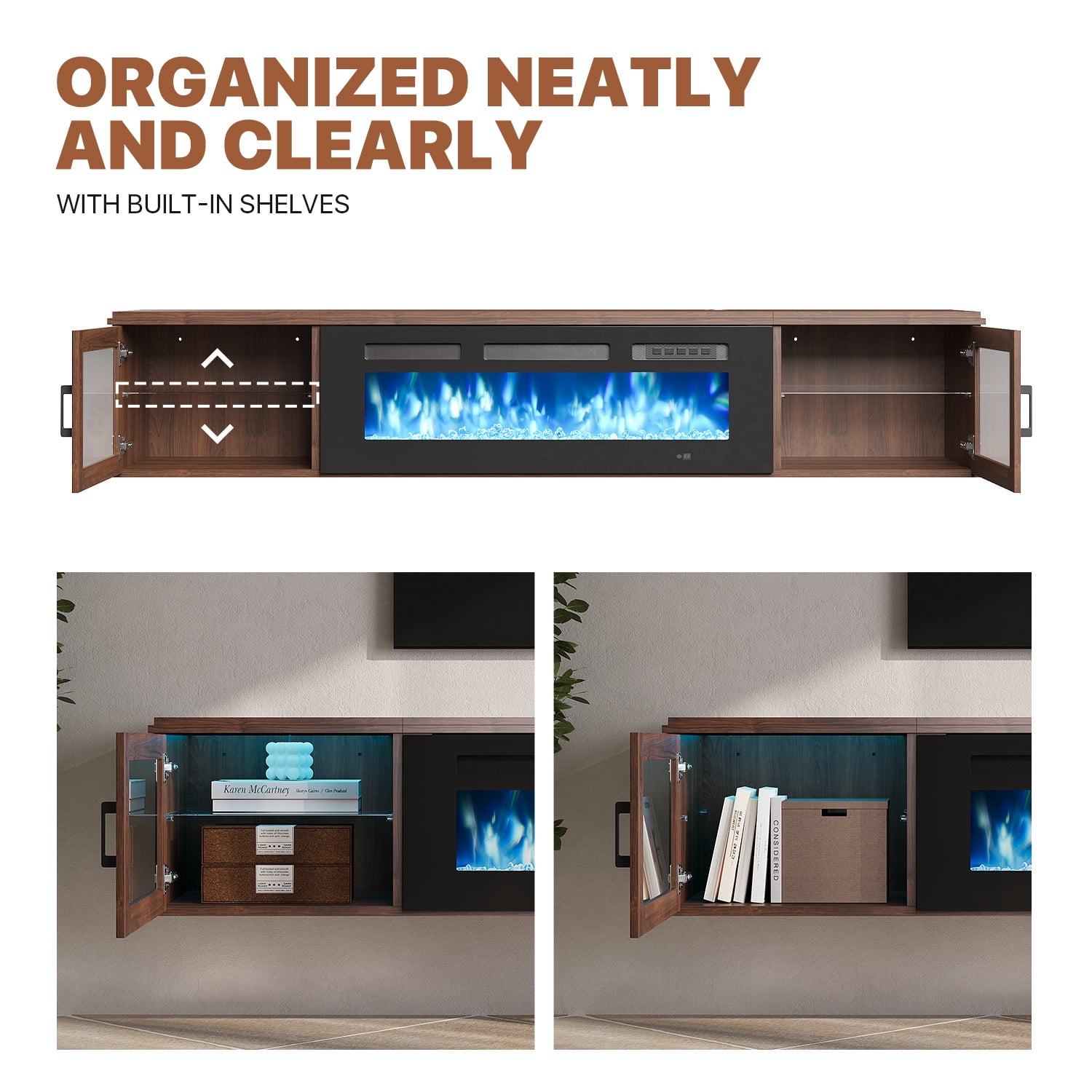 Sonegra Floating Fireplace TV Stand for TVs up 80", Wall Mounted Fireplace Entertainment Center, 70" Console Table with Electric Fireplace, Brown