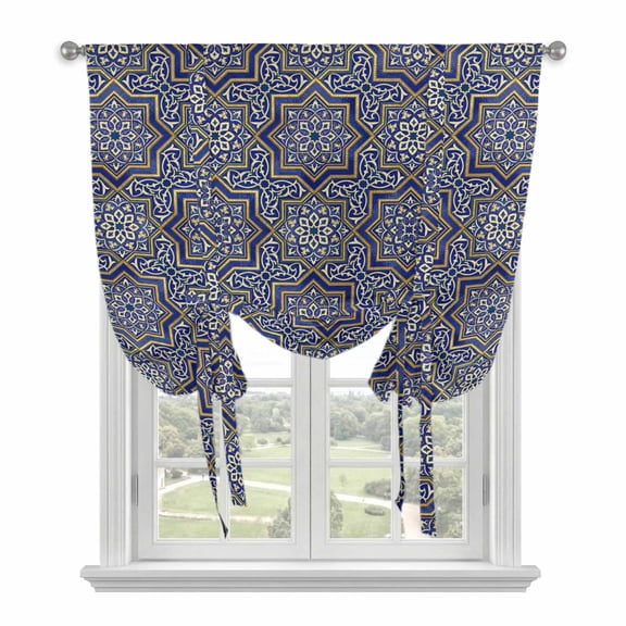 Navy Blue Geometric Balloon Curtains 63 Inch Length for Living Room/Bedroom, Vintage Abstract Floral Texture Rod Pocket Privacy Door Curtains Decorative Tie Up Shade for Window 52"x63"