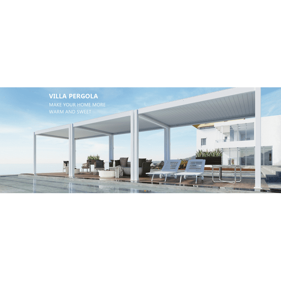 Wall Mounted Villa Pergola with Motorization and LED Lighting Included, 13' x 19', White