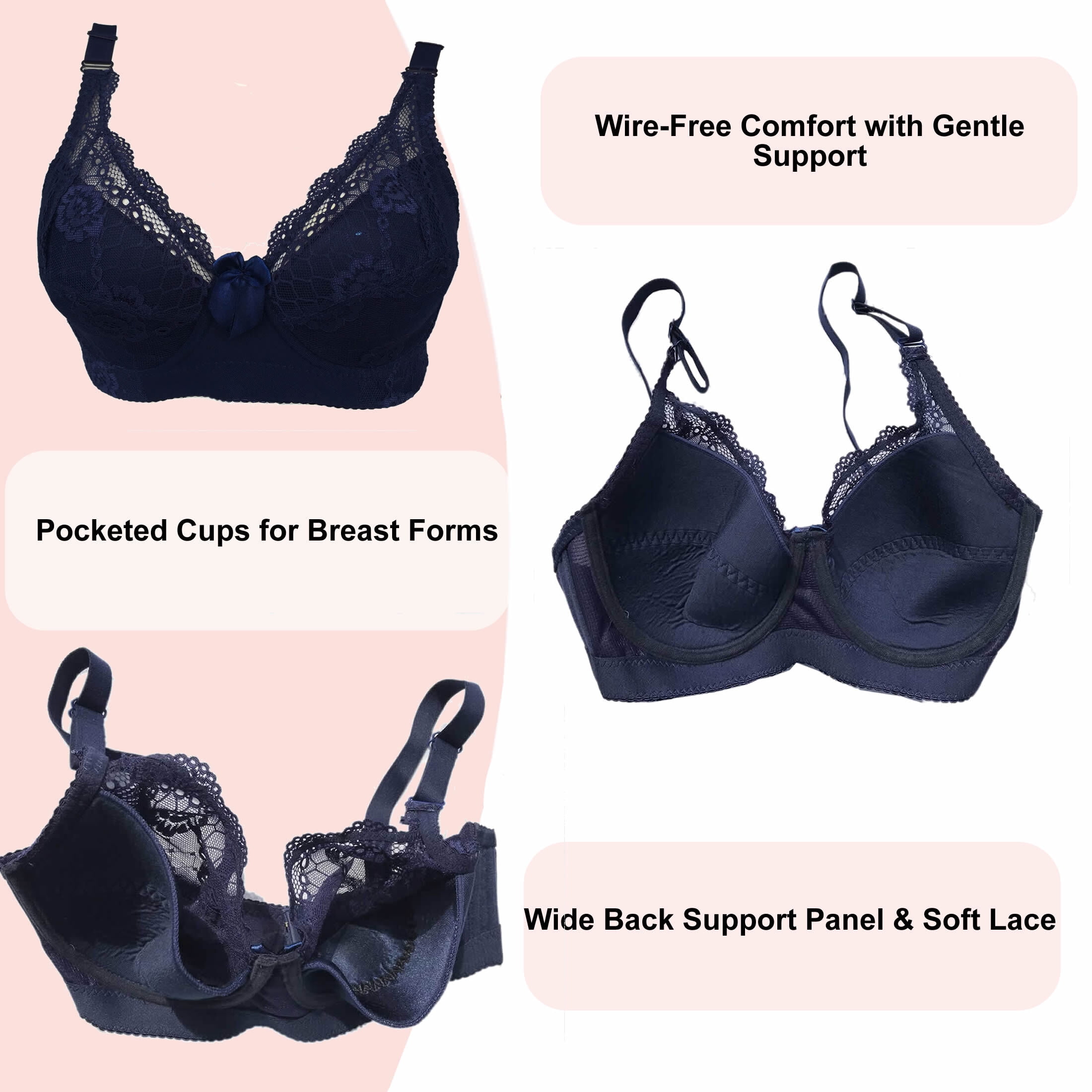 BIMEI Women’s Lace Pocket Bra for Breast Forms | Mastectomy Prosthesis Bra with Underwire & Sheer Lace | Ideal for Silicone Breast Forms, Blue, 38