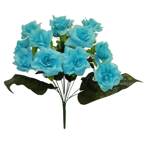 Turquoise Blue Rose with Gypsophila 21in Artificial Polysilk Faux Fake Flower Bush for Craft Home Garden Outdoor Bouquet Arrangement Ceremony Wedding Arch Floral Wall Aisle Decor (Aqua, Set of 3)