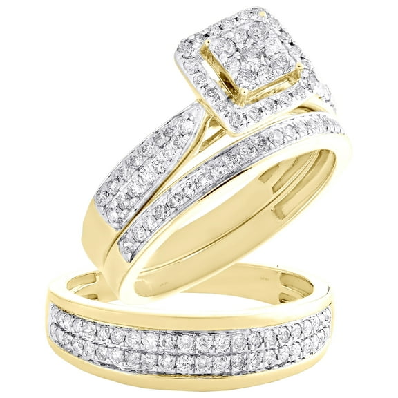 10K Yellow Gold Diamond Trio Set Square Bridal Set Matching Wedding Band 1 CT