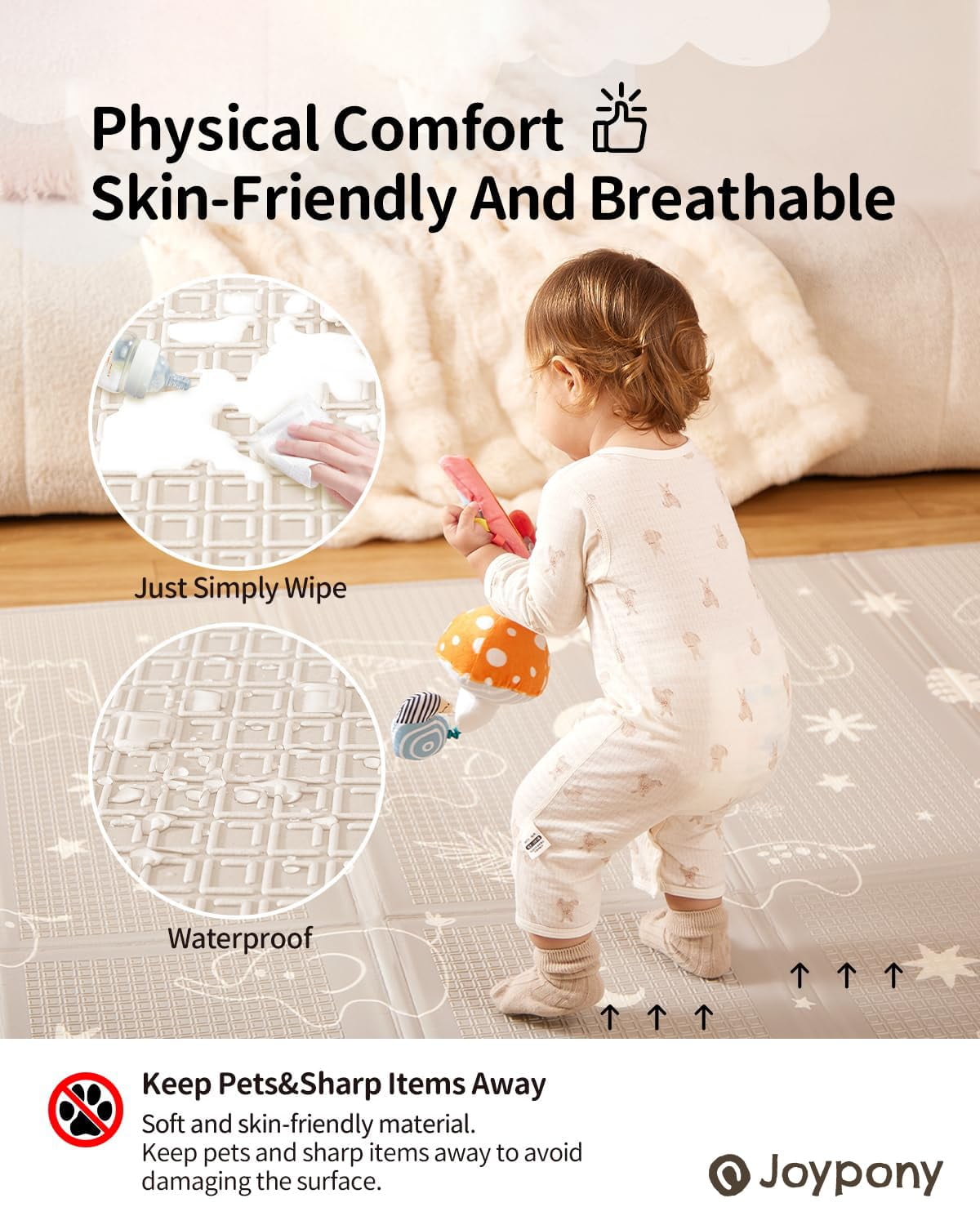 Joypony Baby Play Mat, 47x47 Inch Waterproof Reversible Foam Crawling Mat – Soft, Non-Toxic, Easy-to-Clean, Perfect for Infants and Toddlers